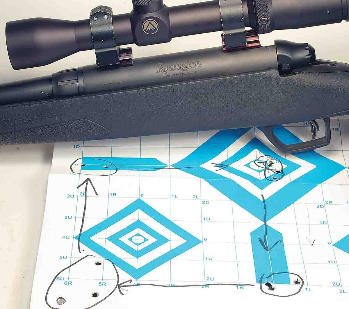 Above, the Fullfield II 2-7x 35mm scope had precise elevation and windage adjustments when they were turned and the rifle shot several times to form this box.  Below, John’s Burris compact 4x scope has never missed a beat after 30-some years of continual shooting.